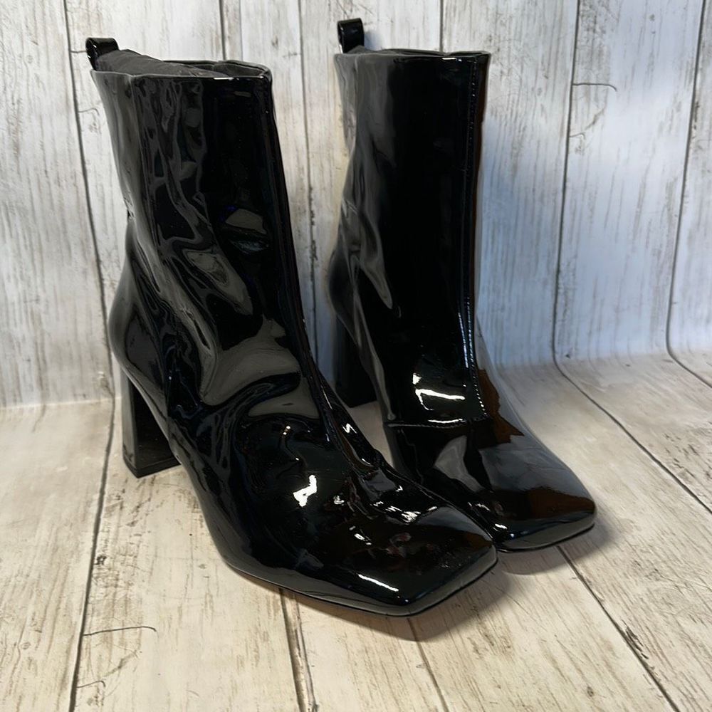 NEW Good American Black Patent Leather Booties Womens Size 8 in Box Square‎ Toe